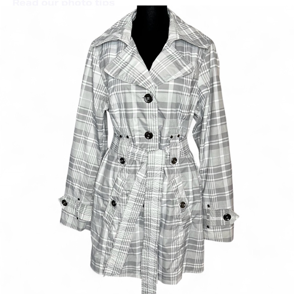 DRESSBARN Gray Plaid Trench Coat M, Button Up With Bell LongSleeves And Pockets